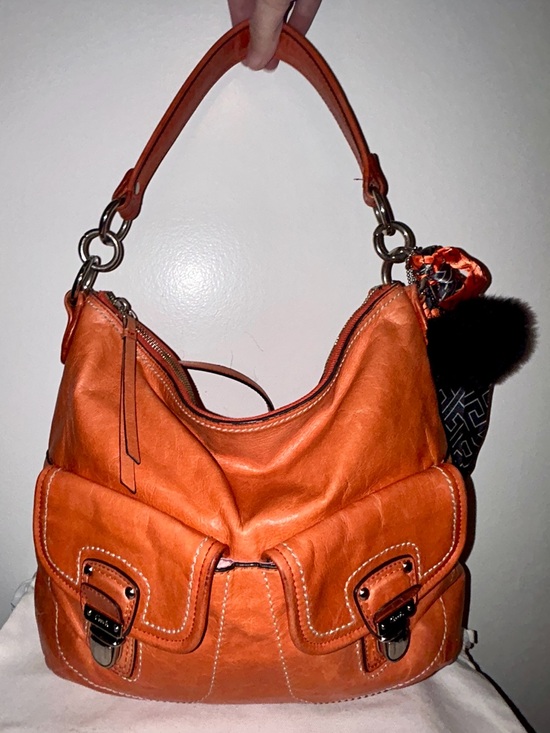 Coach Handbags - Coach Poppy Tangerine Waxed Leather Distressed Swing Messenger Hobo Purse
